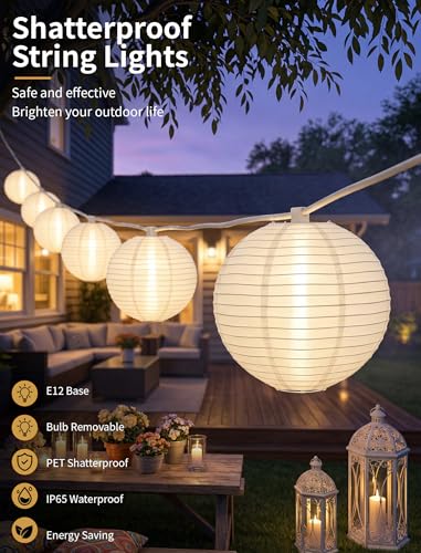 Image of 25FT White Lantern String Lights,10 Nylon Hanging Lantern Decor with G40 LED Bulbs, Waterproof Connectable Wedding Lanterns, White Lanterns Decorative Outdoor & Indoor for Bedroom, Patio, Camping