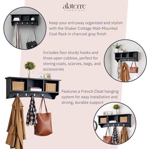 Image of Shaker Cottage Wall-Mounted Coat Rack with 3 Storage Cubbies and 4 Coat Hooks - 36 inch W x 9 inch D x 14 inch H Space-Saving Entryway Organizer or Mudroom Wall Shelf by Alaterre Furniture (Charcoal Gray)