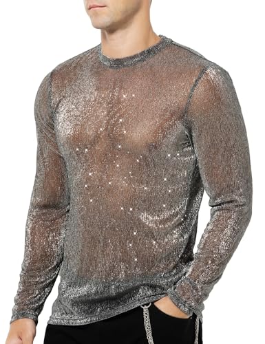 Casey Kevin Herren Langarmshirts Muskel Transparent Hemd Mesh Shirts Sparkle & Shine Shirts Netz T-Shirt Durchsichtig Rundkragen Oberteile Clubwear, M