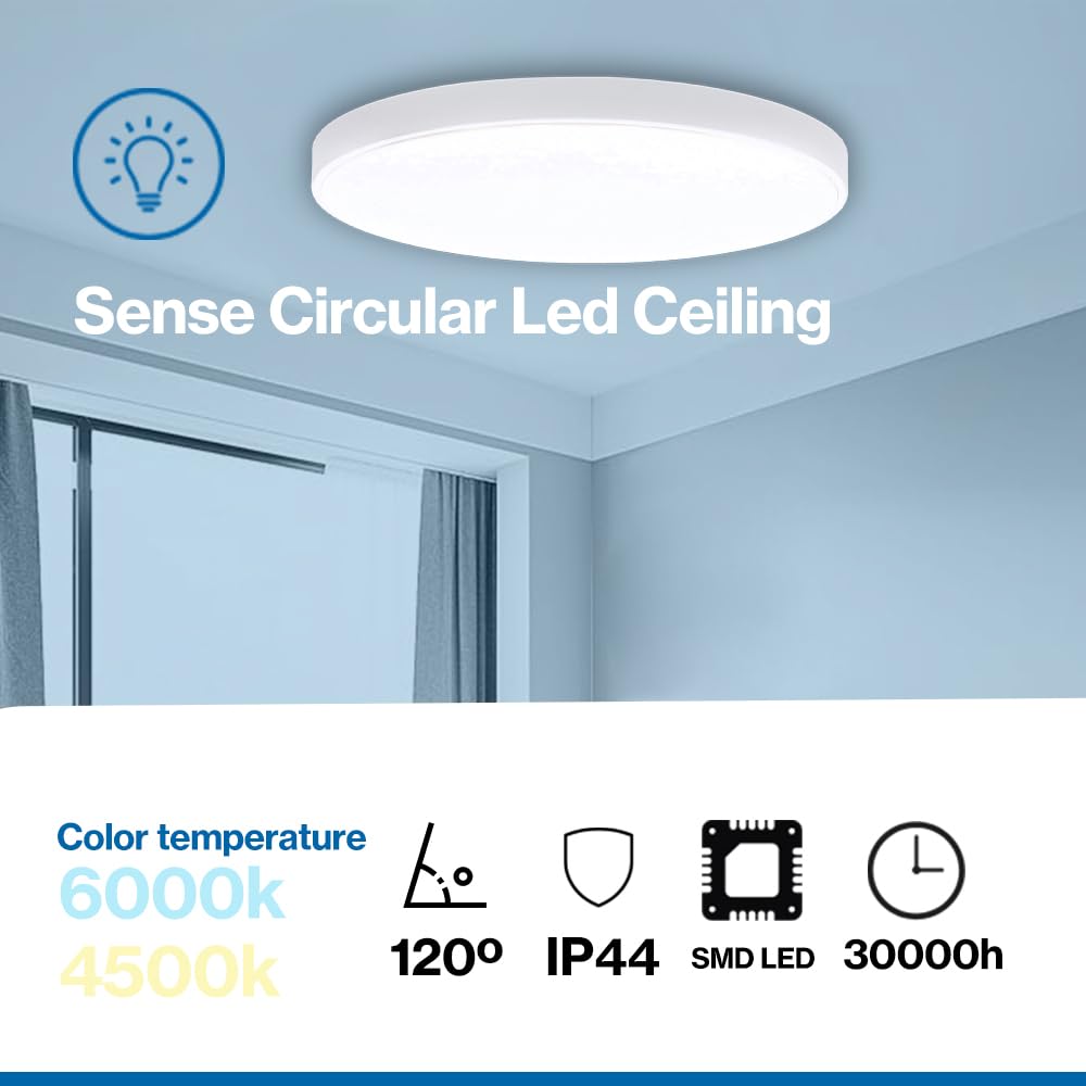 M Ledme - Plafon LED Techo 30W, Lámpara Techo para Baño IP44, 3.000 lúmenes, Color Luz Neutra (4500K) para Baño, Cocina, Balcón, LM8255