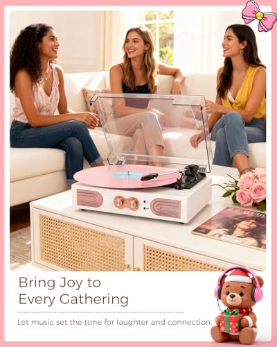 Image of Vinyl Record Player, White & Rose Gold, Built-in Speakers, 3-Speed Belt-Drive Turntable for Beginners, Easy Setup, Vintage Style Record Player Gift