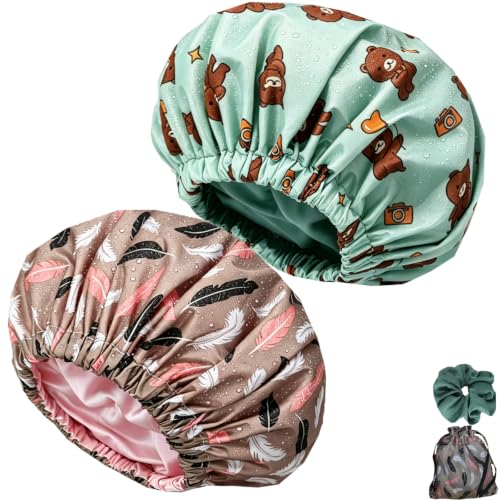 Genergy 2Pcs Satin Lined Large Shower Cap for Women Set with Bag & Scrunchy