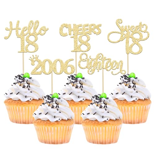 Gyufise 30 Pack Gold Glitter 18th Birthday Cupcake Toppers Hello Sweet 18 Sixteen Since 2006 Cupcake Picks for Cheers to 18th Birthday Party Cake Decorations Supplies