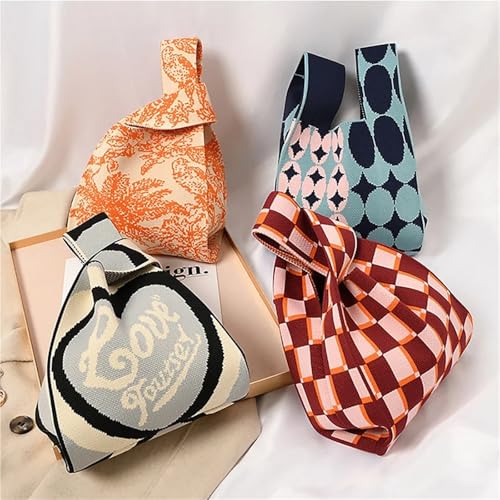 Handmade Knit Handbag Women Mini Knot Wrist-Bag Female Casual Color Wide Stripe Plaid Tote Bag Reusable Shopping Bag(Color-37)4