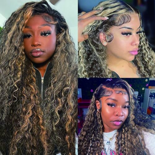 Image of bangjazz 26 Inch Deep Wave Lace Front Wigs Human Hair Fb /27 180% Density 13x4 HD Lace Frontal Wigs Human Hair Pre Plucked Ombre Lace Front Wig Balayage Highlight Glueless Wigs for Women