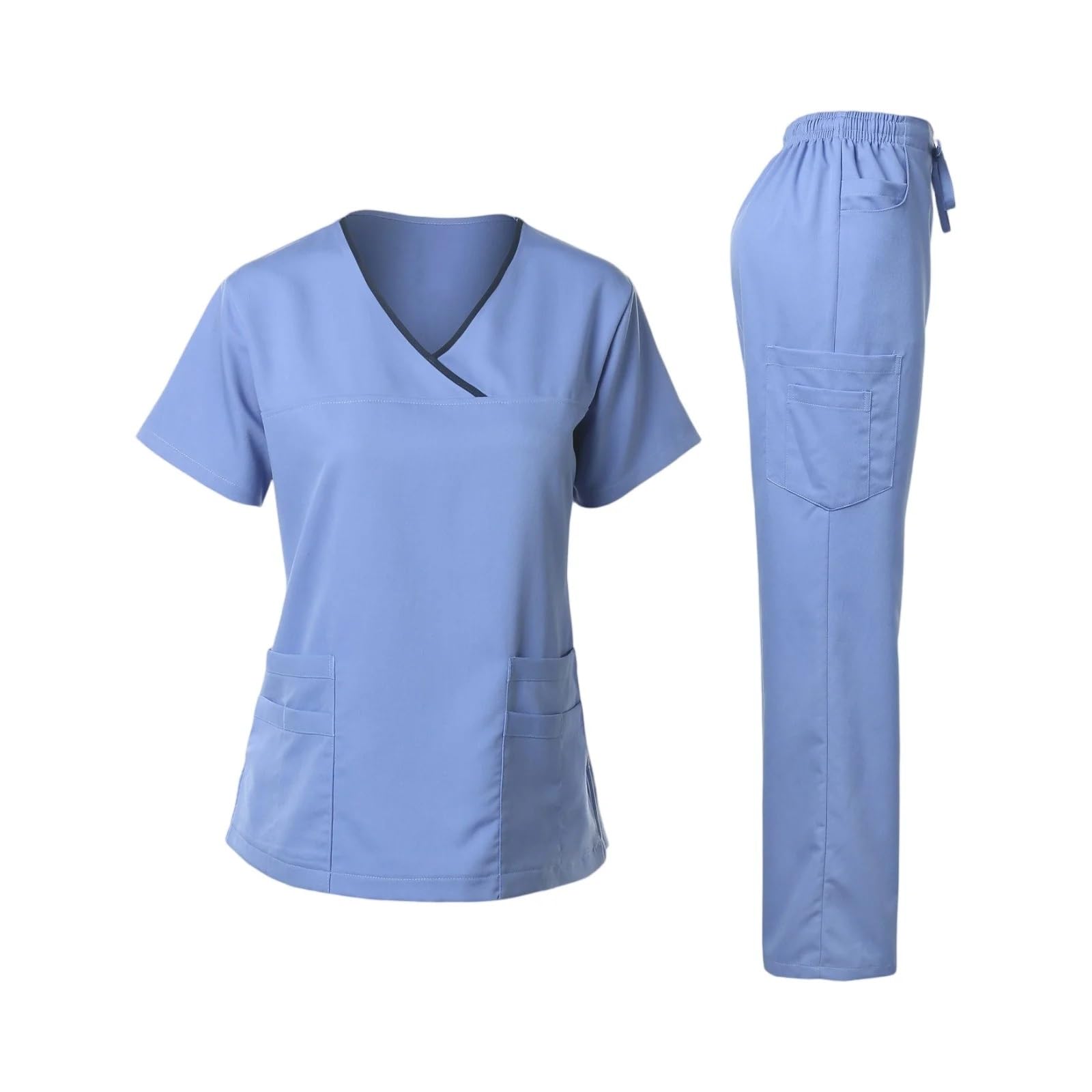 AHUFGN Nurse Scrubs Women Women's Nurse Scrub Set V-Neck Short Sleeve Long Pants Medical Cozy Professional Workwear(Light Blue,M)