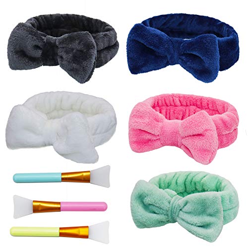 5 Pack Spa Headband for Women, Facial Makeup Headband Elastic Soft Coral Fleece Bow Head Wraps for Washing Face Mask Spa Shower Gifts with 3 Beauty Brushes