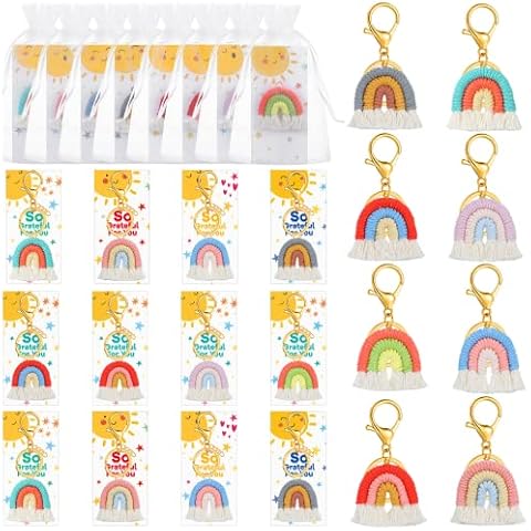 24 Set Mini Rainbow Keychain Rainbow Macrame Keychains Rainbow Tassel Boho Keychains Weaving Rainbow Keyring Women Rainbow Baby Key Chain with Organza Bags Tags for Bag Wallet Party Favors Gifts Cover