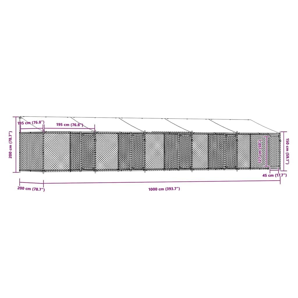vidaXL Gabbia Cani con Tetto e Porte Grigia 10x2x2 m Acciaio Zincato, Gabbia per Cani con Tetto, Cuccia per Cani, Box per Cani