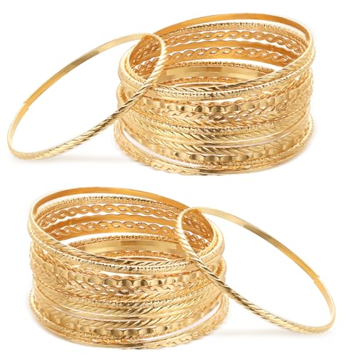 50 Pcs Gold Bangle Bracelets Set for Women Diameter 2.6 Inches Boho Stackable Textured Bracelets Indian Chunky Multi Layer Bangles Gold Jewelry for Women Wedding Gift