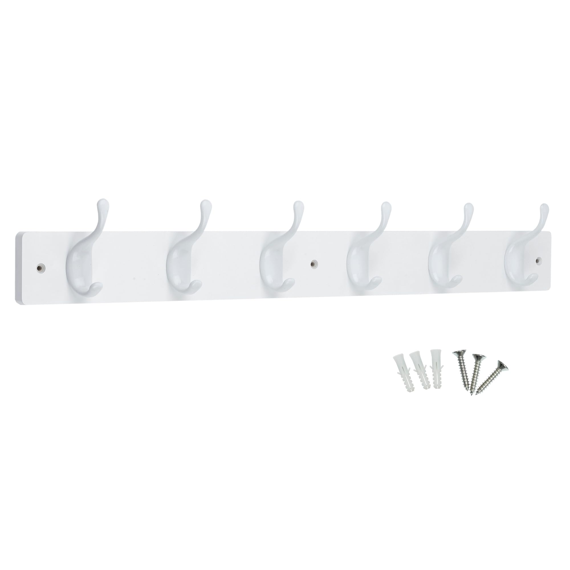 Keypak White / White Modern Wall Mounted Coat Rack, 6 Gloss Hooks On 68Cm Wood Base, Pre-Assembled & Fixings Included
