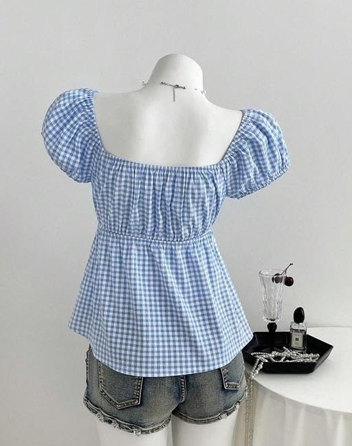 Image of Women Cotton Gingham Checked Peplum Top Square Neck Puff Sleeve Stylish Casual Blouse