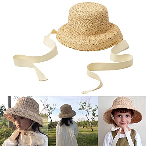 Zaagot Girls Straw Hat - Sun Protective Flat Top with Lace-up Strap, Breathable Wide Brim, Beige, Size 4-9 Years, Unisex, All Seasons, Casual, High Sun Protection