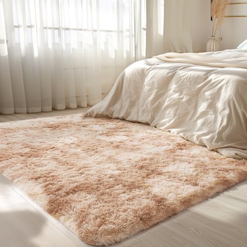Ophanie Upgrade 4x6 Tie-Dyed Beige Rugs for Bedroom, Fluffy Soft Area Rug, Shaggy Non-Slip Indoor Floor Carpet for Living Room, Kids Baby Girls Boys Teen Dorm Home Decor Aesthetic, Nursery