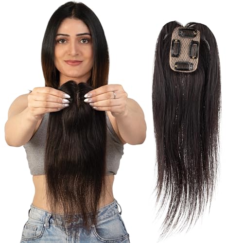 Image of Capilus 100% Human Hair Extensions for Women, Clip in Scalp Topper /Hair Topper, Silk Based- (3 inchx2 inch, 16 Inches, Natural Black)