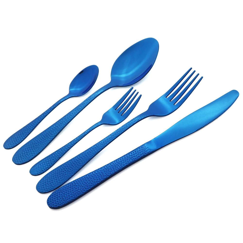 OLSKFUH Cutlery Flatware Cutlery Set, 5/20/30/40/50/60Pcs Blue Stainless Steel Water Ripple Snakeskin Handle Tableware Creative Tableware Tea Spoon Cake Fork,Blue-4Set