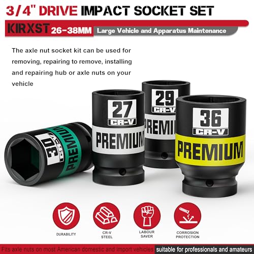 Image of 8 Piece 3 /4 inch Drive Impact Socket Set, Metric Axle Nut Sockets, 26-38mm Thicker Jumbo Sockets, Socket Set, 6 Point, Cr-V, Vehicle and Apparatus Maintenance