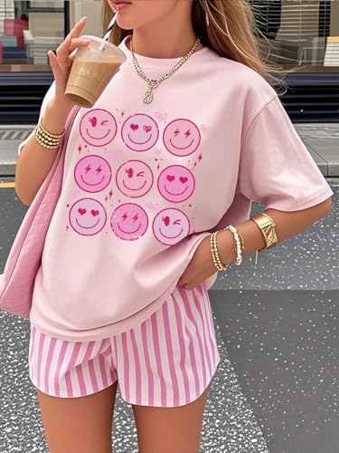 SHENHE Girl's Cute Graphic Tee Smiley Face Crew Neck Short Sleeve Summer Casual Tshirt Top4