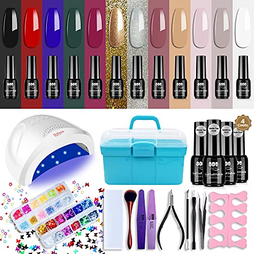 YTD Likomey Gel Nail Polish Kit with UV Light Starter Kit,Classic Fashion 12 Colors with 48W UV/LED Nail Lamp,4 Pcs Base Reinforce Coat and Glossy/Matte Top Coat,Home Nail Art Manicure Tools Set