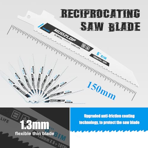 Image of 10 Pack 6inch Reciprocating Saw Blades Set, 8+10TPI High Carbon Saw Blades, Metal Saw Blades with Organizer Case (10, 8+10TPI /6 inch)