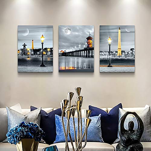 Lapremoly Large Wall Art for Living Room Modern Framed Canvas Wall Decor for Bathroom Family Bedroom Wall Decorations Night View Paintings Kitchen Canvas Art Hang Pictures Artwork 3 Pieces Poster