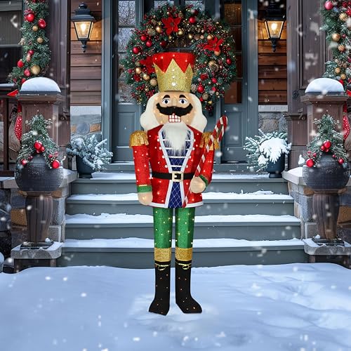 BlueWish 5 FT Nutcracker Christmas Decorations Outdoor, Nutcracker Xmas Decor with Candy Cane, 100 LED Warm Light, Outdoor Christmas Ornaments for Xmas Holiday Decor Porch Gateway