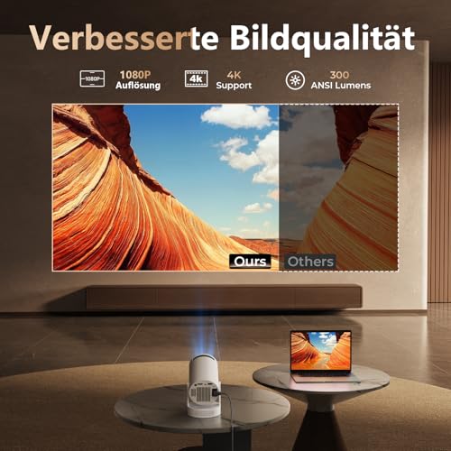 Smart Mini Beamer, Upgraded Hi-Fi Mini-Projektor mit 4K-1080P-Unterstützung, 300 ANSI-Lumen, WIFI6 & Bluetooth & Auto-Keystone Video Projektor für Schlafzimmer Heimkino - 2