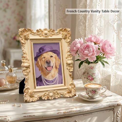 Image of Vintage Ornate Picture Frame, Antique Cream Resin Baroque Frame, Shabby Chic French Country Cottagecore Decor, Tabletop or Wall, Dog Lover Pet Gift