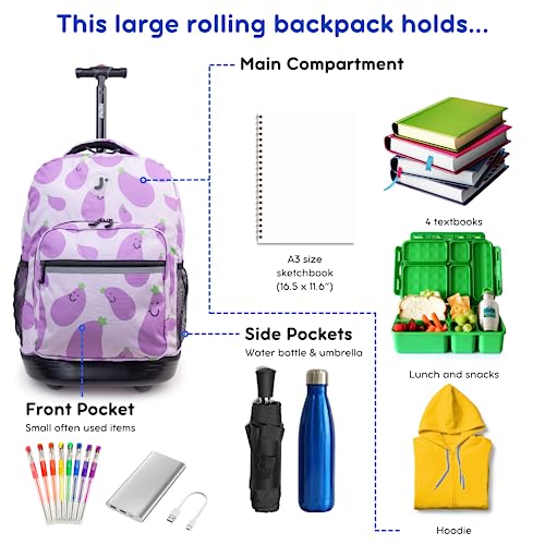 Image of J World Sunrise Kids Rolling Backpack with Wheels for Girls Boys, Roller Bookbag for School, 18 x 13 x 9 Inches, Mr. Eggplant