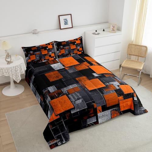 Image of Feelyou Orange Black Bedding Set Twin Size, Kids Geometric Grid Comforter Set Geometrics Comforter Abstract Art Duvet Insert Bed Set 2Pcs