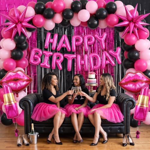 Image of TONIFUL 2Pcs Black Hot Pink Metallic Tinsel Foil Fringe Curtains Streamers | 3.3ftx6.6ft Photo Booth Backdrop Door Streamer for Bachelorette 16th 21st Birthday Girls Night Out Music Themed Party Decor