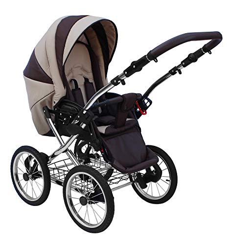SKYLINE Klassisch Retro Stil Kombi-Kinderwagen Buggy 3in1 Reise System Autositz (Isofix) (Beige/14"Luft Bereifung)