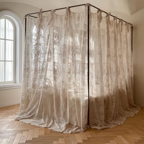 SCMTYWCQ Elegant Lace Princess 4 Corner Post Mosquito Net Romantic for Girls Women Bed Curtain Canopy for Adults Wedding Bedroom Kids Rooms Decoration (Cream-2, King)