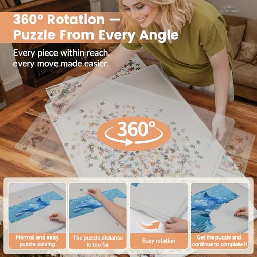Image of ALL4JIG 1500 Pieces Lightweight Rotating Plastic Puzzle Board with 6 Drawers and Cover, 360 Lazy Susan Design, 25.98 inchx34.25 inch Portable Spinning Puzzle Table for Adults, Surface for Lego Building