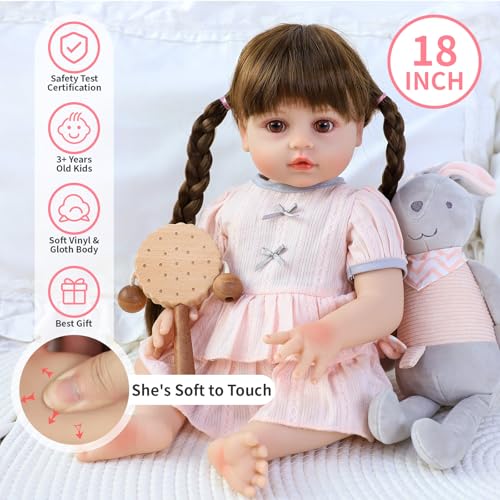 Muñeca bebé Reborn de 18 pulgadas con cabello largo y cuerpo ponderado miniatura 5