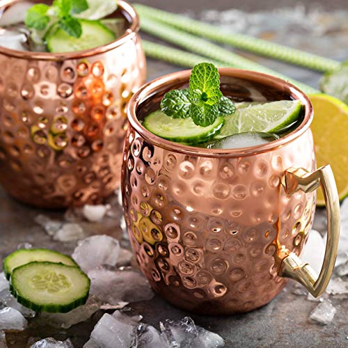 Moscow Mule Mugs Copper Mugs 100 Hand-made Food Grade Corrosion-resistant Fashionable Copper Color Smooth Mouth Ideal Beverage Tools 2 Pack with Coasters and Straws