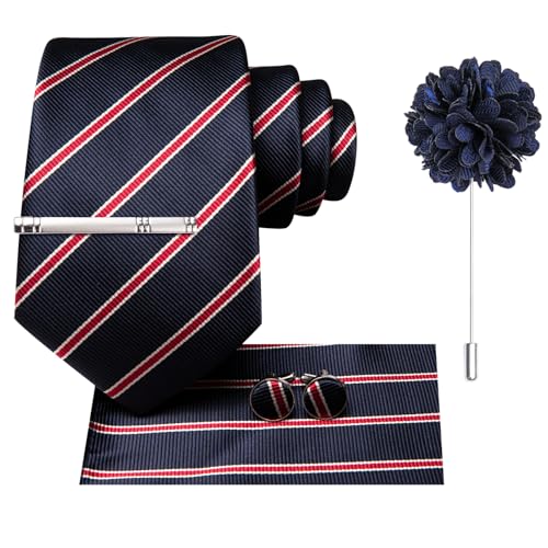 Image of Hi-Tie Navy and Red Striped Ties for Men Formal Necktie and Pocket Square Lapel Pin Silver Tie Clip Cufflinks Set Wedding Business 6PCS