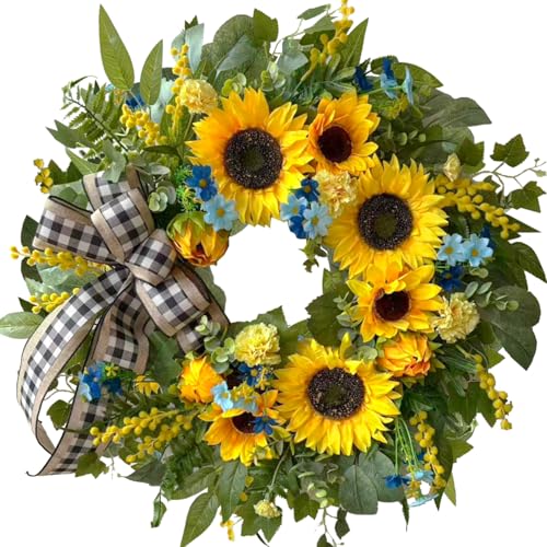 WANNA-CUL 24 Inch Spring Wreaths for Front Door with Yellow Sunflowers,Summer Door Wreaths with Daisy and Linen Ribbon,Valentines Day Wreath,Mothers Day Wreath for Wall or Home Decoration
