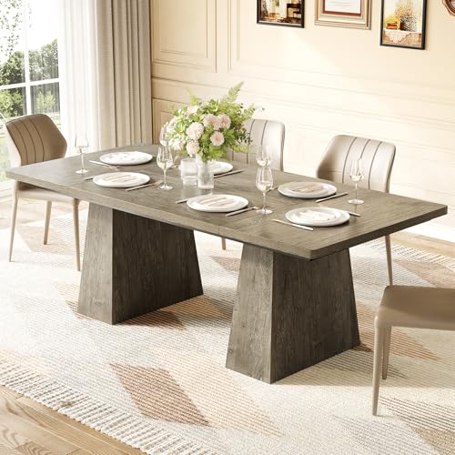 Image of LITTLE TREE Dining Table for 6 People, Wooden Table, Rectangle Furniture with Heavy Duty Legs, Modern Kitchen Table for Home, Dining Room, Grey