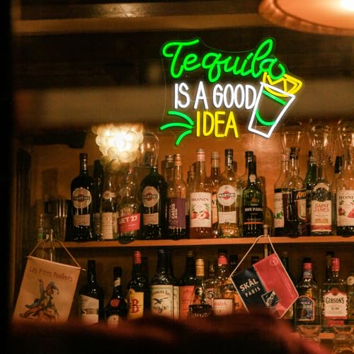 Image of Tequila Is A good Idea Neon Sign LED Tequila Light Up Sign for Wall Decor Dimmable USB Tequila Neon Light Signs for Beer Bar Home Party Music Festival Man Cave Restaurant