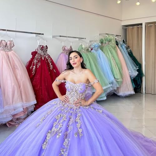 Mauuwy Shiny Princess Quinceanera Dresses 2024 Floral Appliques Lace-up Corset Off Shoulder Prom Vestidos De 15 Anos YMX1692