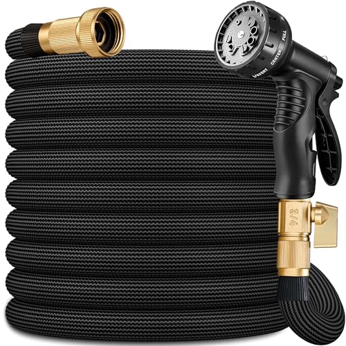 Flexible Garden Hose 75 FT Ultra Lightweight Water Hoses 75FT w/10 Function Sprayer and 3/4 Brass Fittings Kink-Free Sturdy Abrasion Resistant for Yard Lawn Outdoor and Gardening(Black)