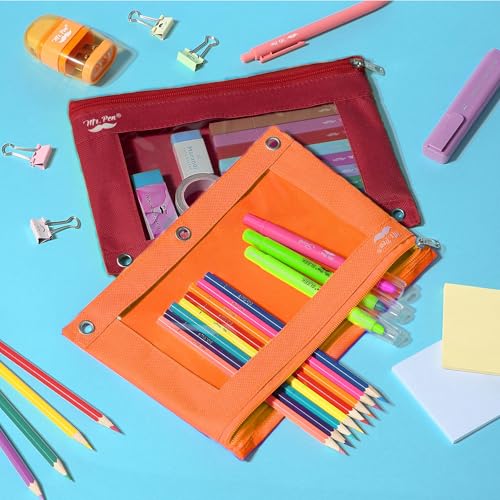 Image of Mr. Pen- Pencil Pouch for 3 Ring Binder, 2 Pack, 10 inchx6.75 inch, Smooth Zipper | Clear Window, Large Capacity Pencil Case with 3 Reinforced Grommets for School, Office, Supplies Storage | Clear Window, Large Capacity Pencil Case with 3 Reinforced Grommets for School, Office, Supplies Storage