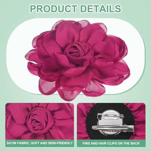 Image of M METERXITY Rose Flower Brooches and Pins for Women, Lapel Pins Dainty Satin Fabric Big Camellia Hair Flowers Clips for Wedding /Parties /Clothes /Jewelry