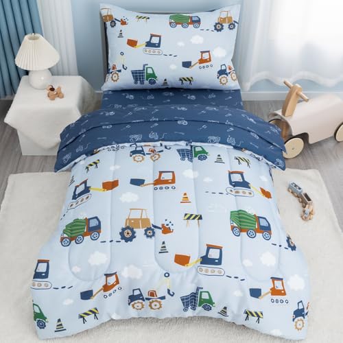 Image of david's kids 4 Piece Toddler Bedding Set - Soft Breathable Toddler Bedding Set for Boys Girls, Includes Quilted Comforter, Flat Sheet, Fitted Sheet and Pillowcase, Truck