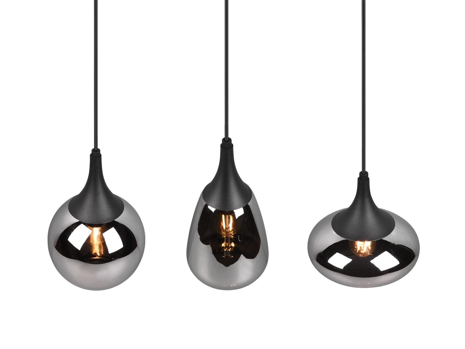 meineWunschleuchte Lampada a sospensione a LED a 3 luci, in vetro cromato, a specchio, effetto vetro fumé