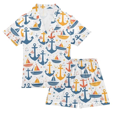 ALAZA Anchor Boat Pajamas Satin Pajama Set Short Sleeve Button Down Sleepwear