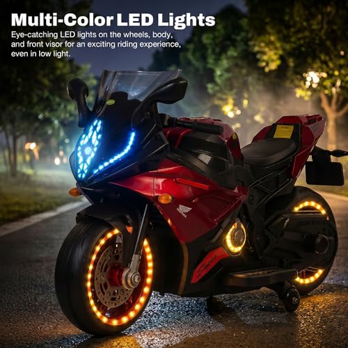 Image of Baybee SuperX Electric Bike for Kids 3+ Years | Baby Rechargeable Battery Bike with Training Wheels, Hand Accelerator, Foot Brake, Led Lights & Music | Battery Operated Bike for Kids to Drive (Red)