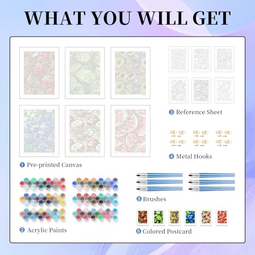 Image of Okarina 6 Pack Paint by Numbers Kit for Adults Beginner, Fruit Adult Paint by Number Kits on Canvas Without Frame, Fruit DIY Acrylic Oil Painting by Numbers Kits, Perfect for Home Decor 10x14 Inch