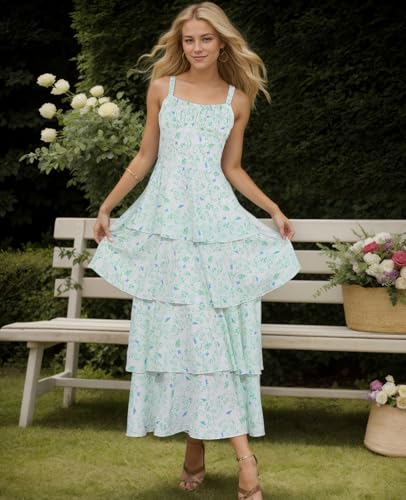 Image of Tiered Ruffle Dress Women Casual Summer Spaghetti Strap Sleeveless Floral Layered Maxi Dress for Women Beach Sundress